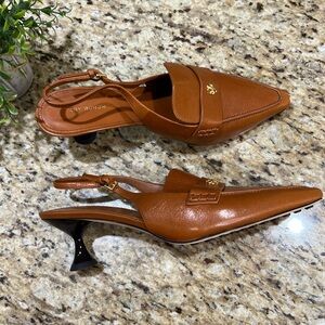Tory Burch 55mm Ballet Coconut Brown Leather Slingback Pumps 9.5